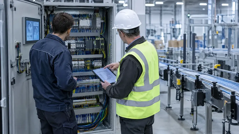 Two technicians at an open controls panel with a touchscreen and wiring, one holding a tablet, with a conveyor line beside them