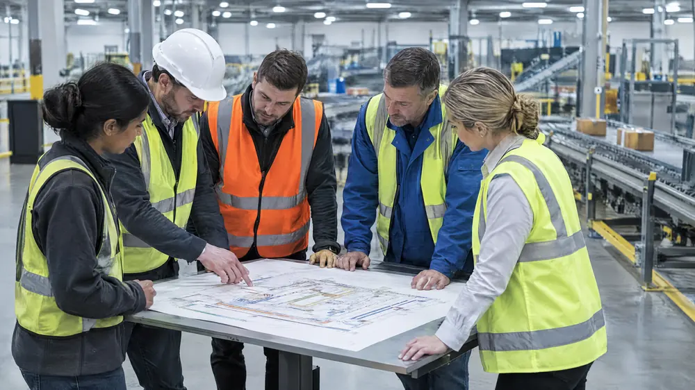 Five people in safety vests and hard hats gathered around a layout drawing on a standing table on a distribution center floor