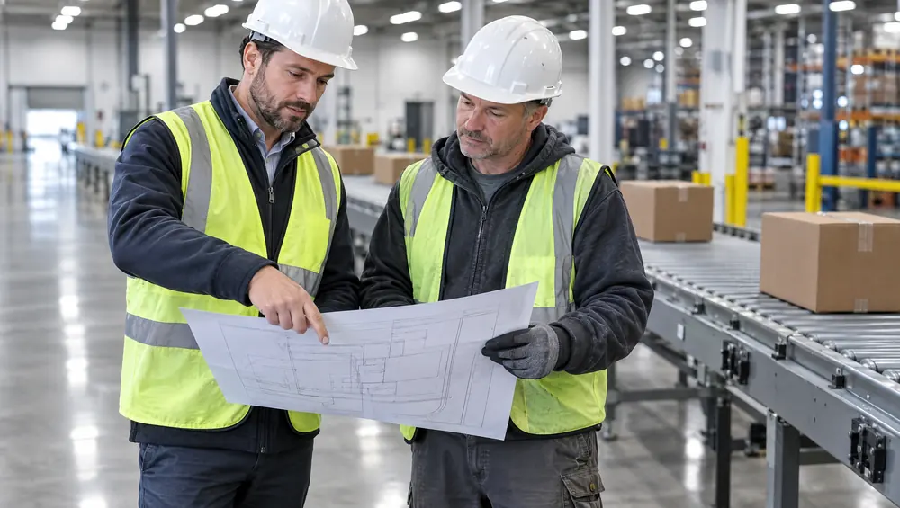Two project managers in white hard hats and safety vests reviewing a drawing beside a roller conveyor line