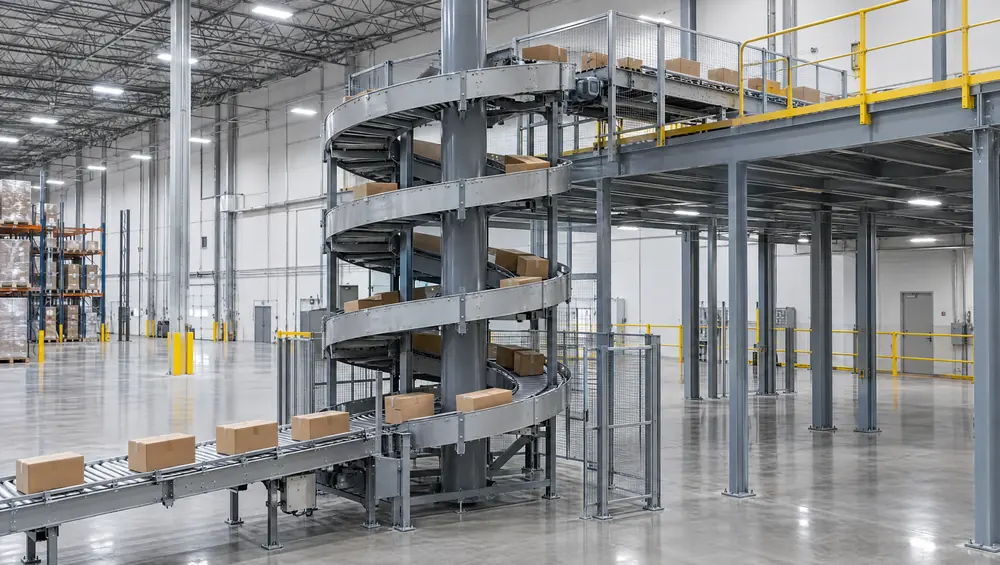A spiral conveyor with cartons next to a mezzanine and racking in an empty warehouse