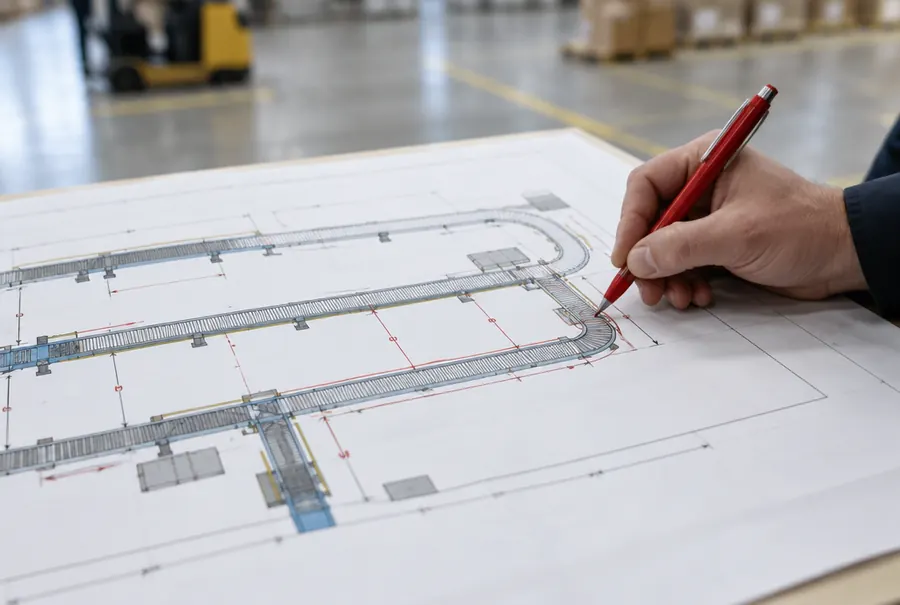 A hand marking a printed conveyor layout drawing with dimension lines