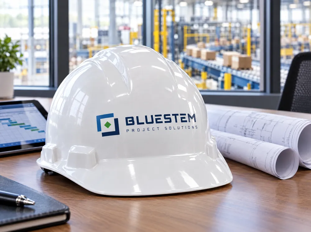 A white hard hat on a desk beside rolled drawings and a tablet, with the Bluestem logo on the front and a warehouse floor behind the window.