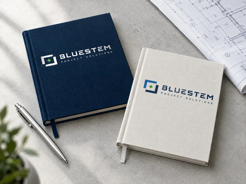 A navy hardcover notebook with the logo in white foil and a green diamond, next to an off-white notebook with the full-color logo, on a gray desk beside a silver pen and a corner of a drawing.